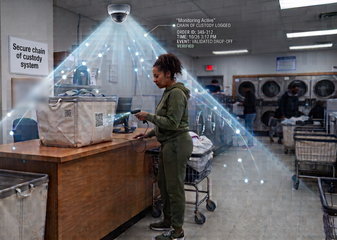 A customer at a wash-dry-fold drop-off counter scanning a labeled order bin, with an overhead camera covering the counter and a chain-of-custody event logged for the drop-off.